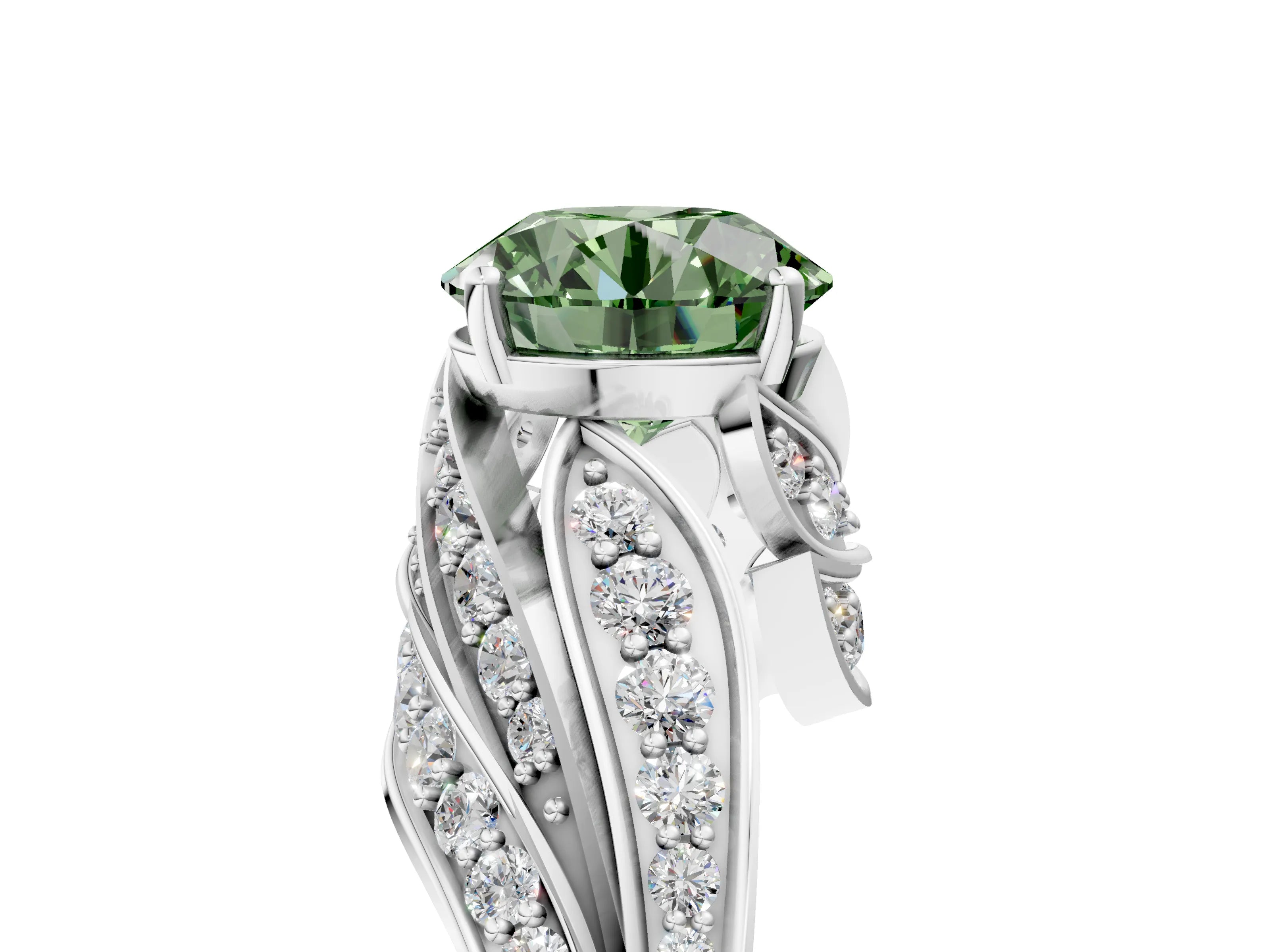 White gold Fancy Green Round Cut Diamond Solitaire Ring with Prong Setting and Twisted Pavé Band_5