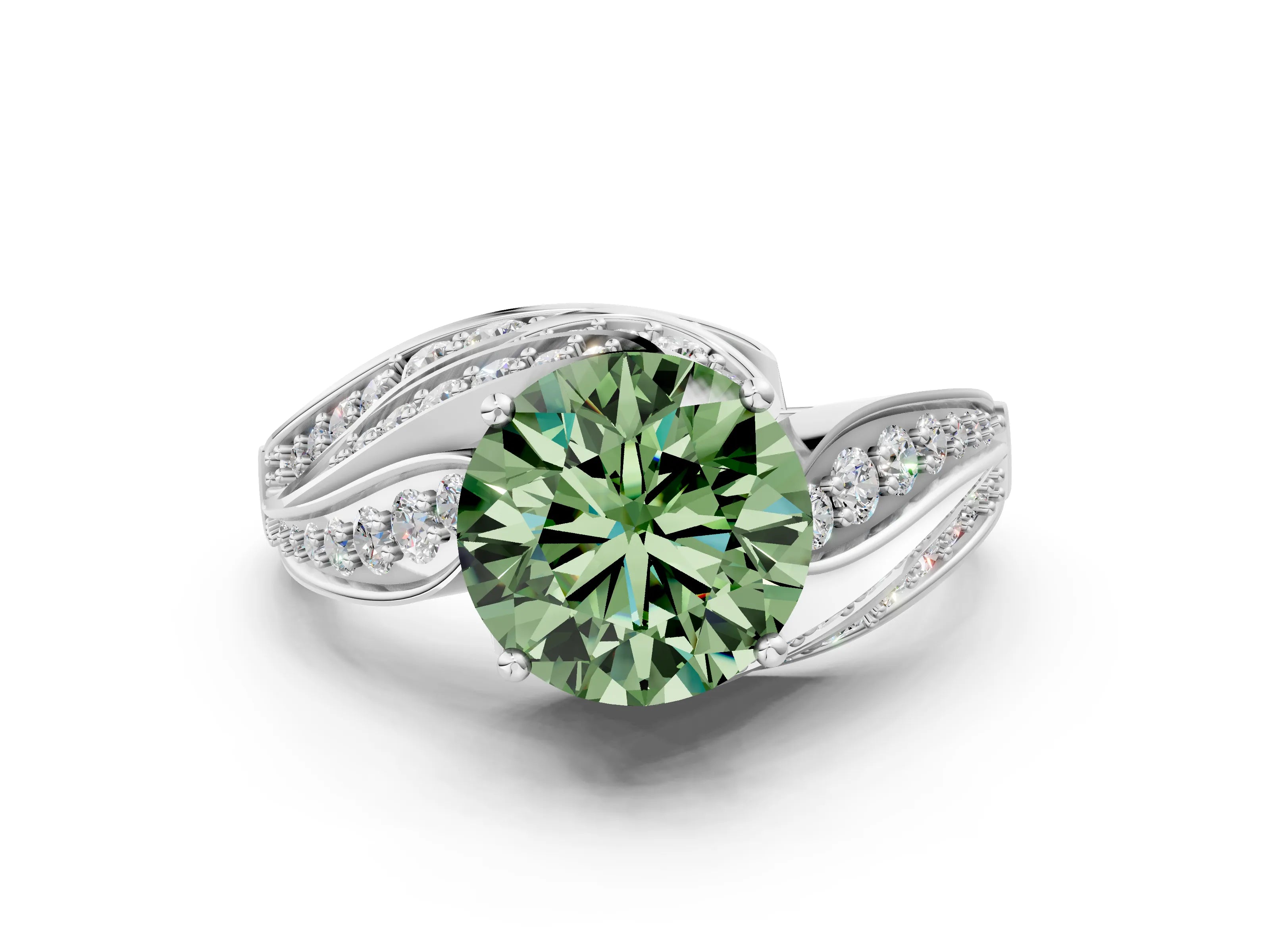 White gold Fancy Green Round Cut Diamond Solitaire Ring with Prong Setting and Twisted Pavé Band
