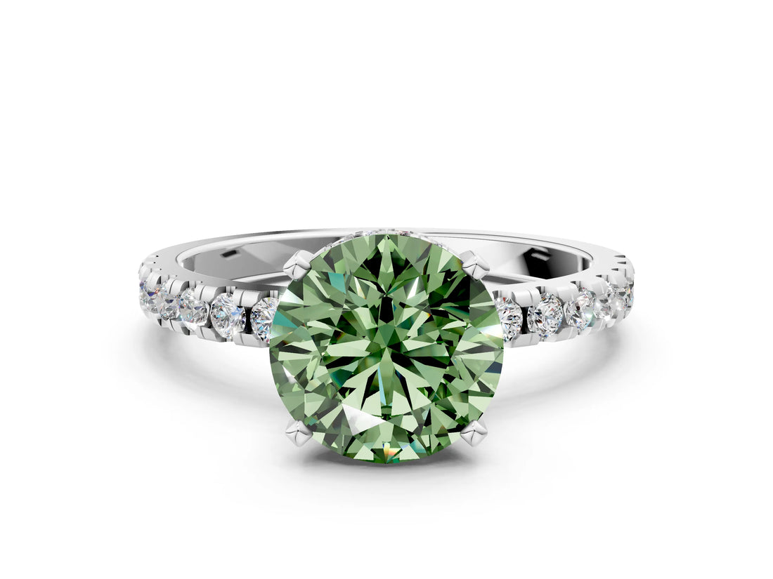 White gold Fancy Green Round Cut Diamond Solitaire Ring with Round  Pavé Band and Four-Prong Setting_60