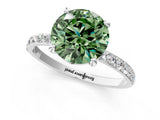 White gold Fancy Green Round Cut Diamond Solitaire Ring with Round  Pavé Band and Prong Setting_140