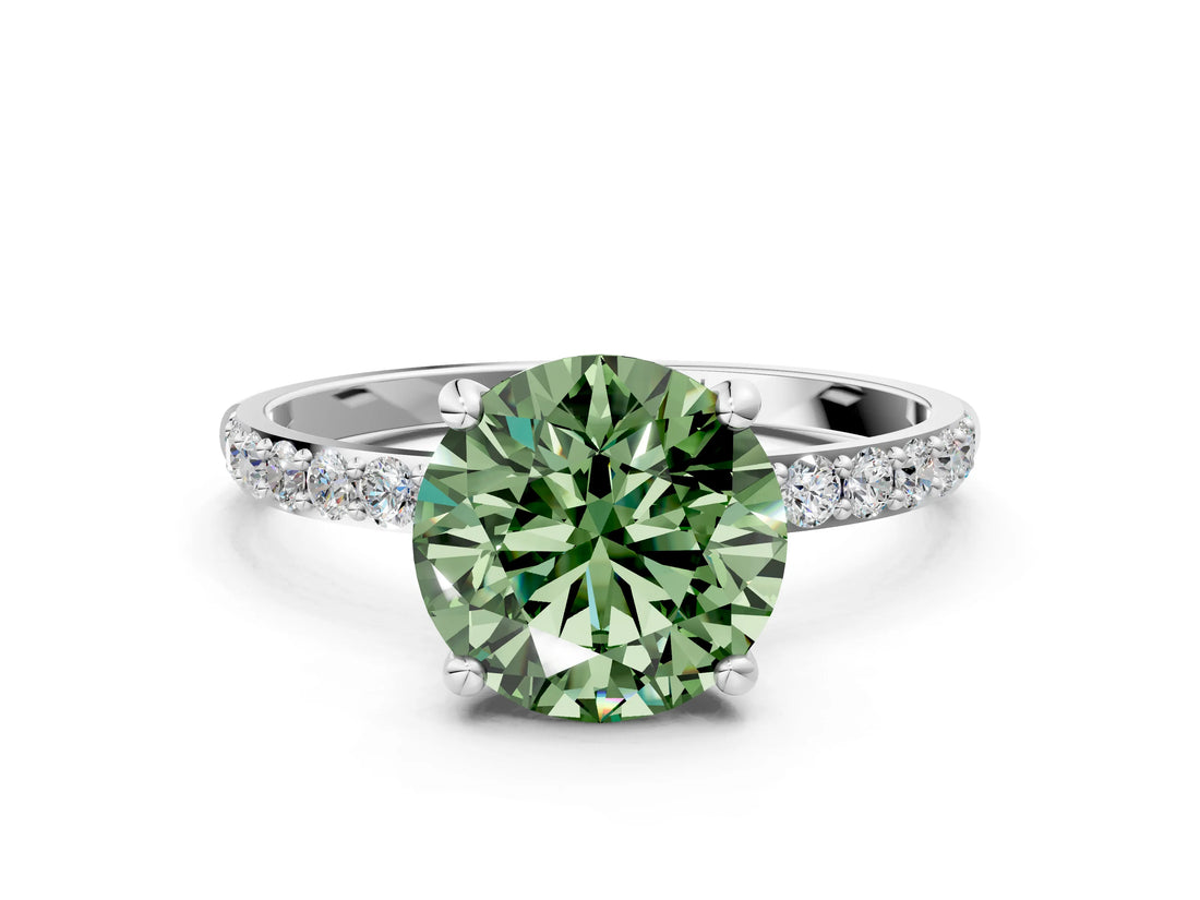 White gold Fancy Green Round Cut Diamond Solitaire Ring with Round  Pavé Band and Prong Setting_145