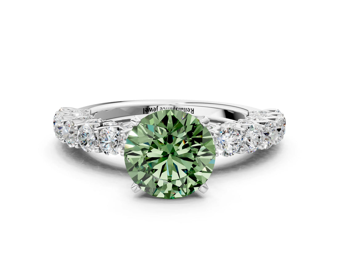 White gold Fancy Green Round Cut Diamond Solitaire Ring with Shared Prong Pavé Band and Four-Prong Setting_56