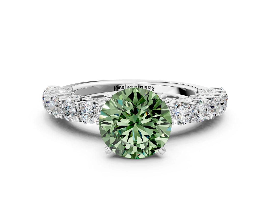 White gold Fancy Green Round Cut Diamond Solitaire Ring with Shared Prong Pavé Band and Four-Prong Setting_71