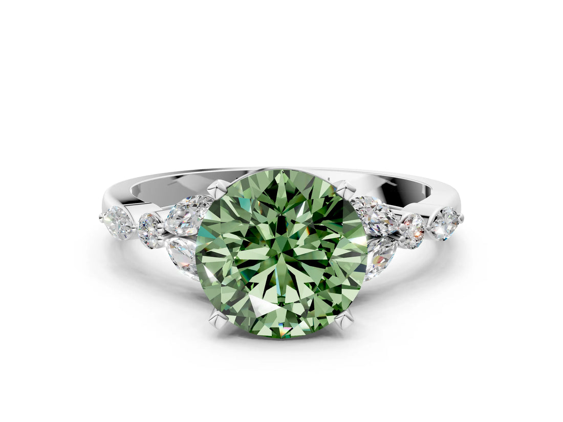 White gold Fancy Green Round Cut Diamond Solitaire Ring with Side Stones and Four-Prong Setting_61