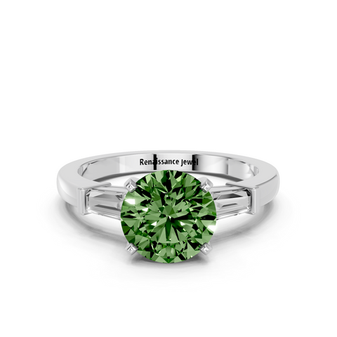 White gold Fancy Green Round  Cut Diamond Solitaire Ring with Tapered Baguette Accents and Four-Prong Setting_2