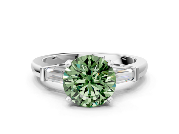 Platinum Fancy Green Round  Cut Diamond Solitaire Ring with Tapered Baguette Accents and Four-Prong Setting