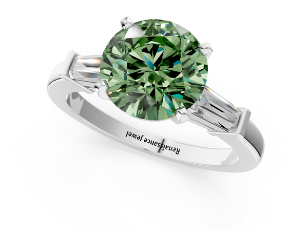 Platinum Fancy Green Round  Cut Diamond Solitaire Ring with Tapered Baguette Accents and Four-Prong Setting