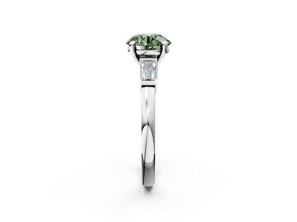 Platinum Fancy Green Round  Cut Diamond Solitaire Ring with Tapered Baguette Accents and Four-Prong Setting