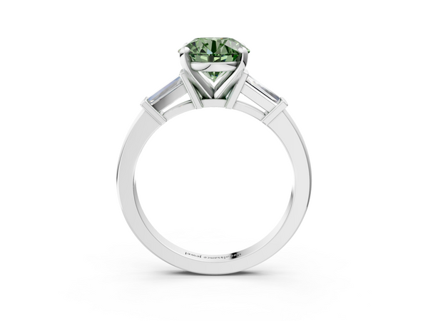 Platinum Fancy Green Round  Cut Diamond Solitaire Ring with Tapered Baguette Accents and Four-Prong Setting