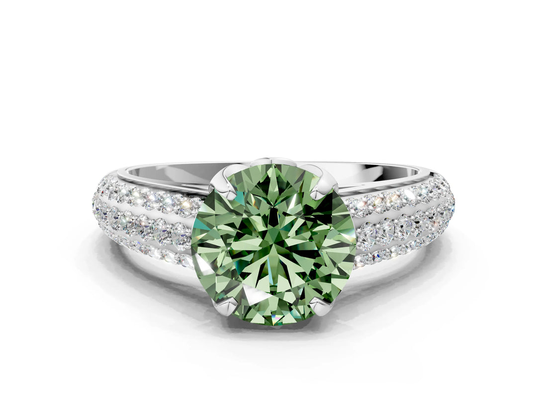 White gold Fancy Green Round Cut Diamond Solitaire Ring with Three-Row Pavé Band and Four-Prong Setting_48