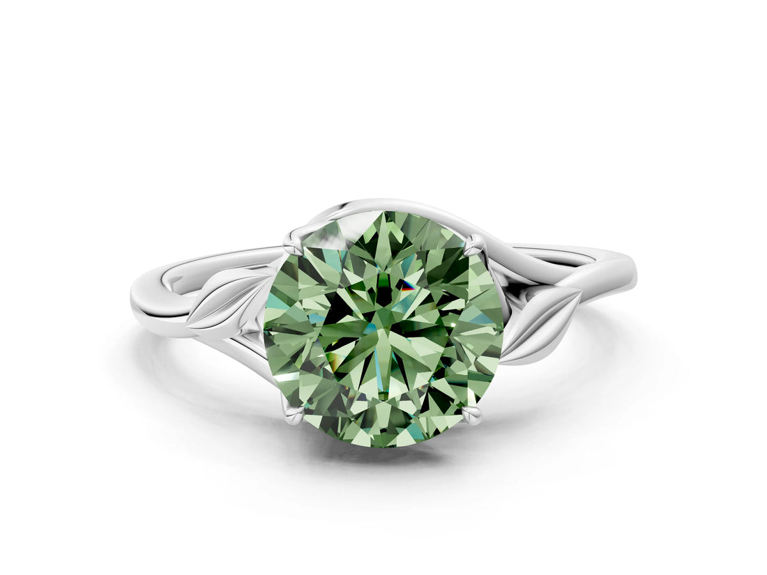 White gold Fancy Green Round Cut Diamond Solitaire Ring with Twist Band and Four-Prong Setting_98