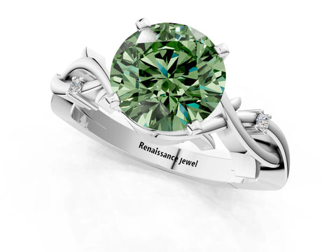 White gold Fancy Green Round Cut Diamond Solitaire Ring with Twisted Band and Prong Setting_326
