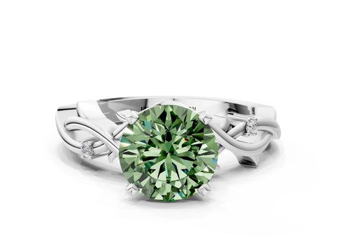 White gold Fancy Green Round Cut Diamond Solitaire Ring with Twisted Band and Prong Setting_335