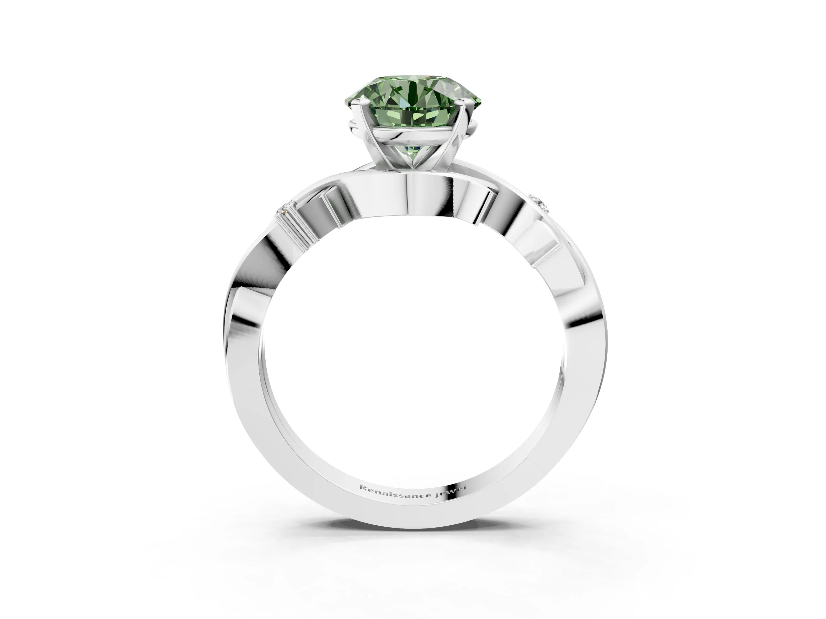White gold Fancy Green Round Cut Diamond Solitaire Ring with Twisted Band and Prong Setting_338