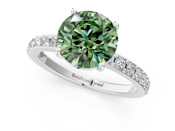White Gold Round Solitaire Engagement Ring Setting for Fancy Green Center with Round Pave Band