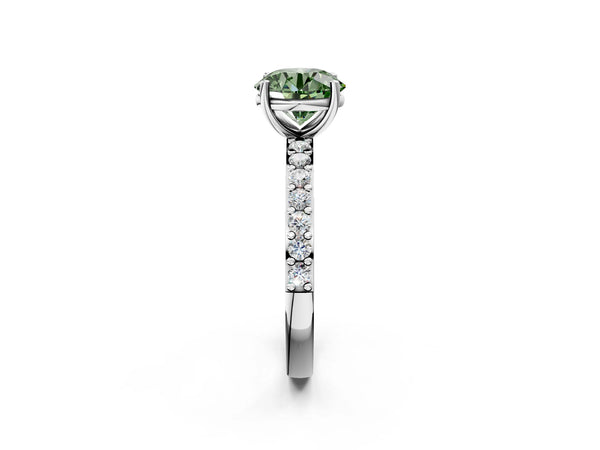 White Gold Round Solitaire Engagement Ring Setting for Fancy Green Center with Round Pave Band
