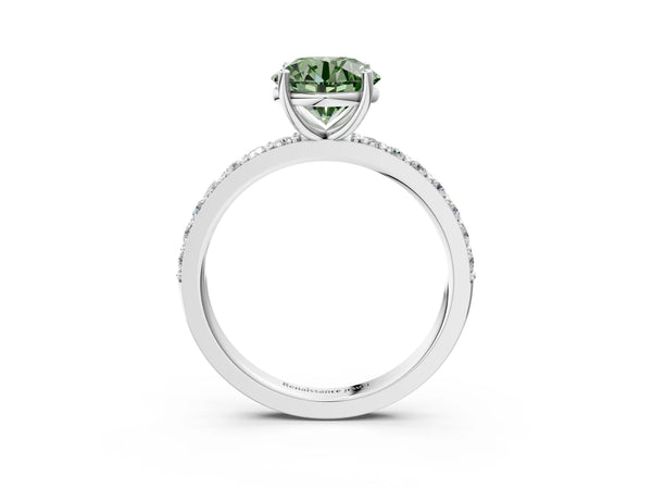 White Gold Round Solitaire Engagement Ring Setting for Fancy Green Center with Round Pave Band