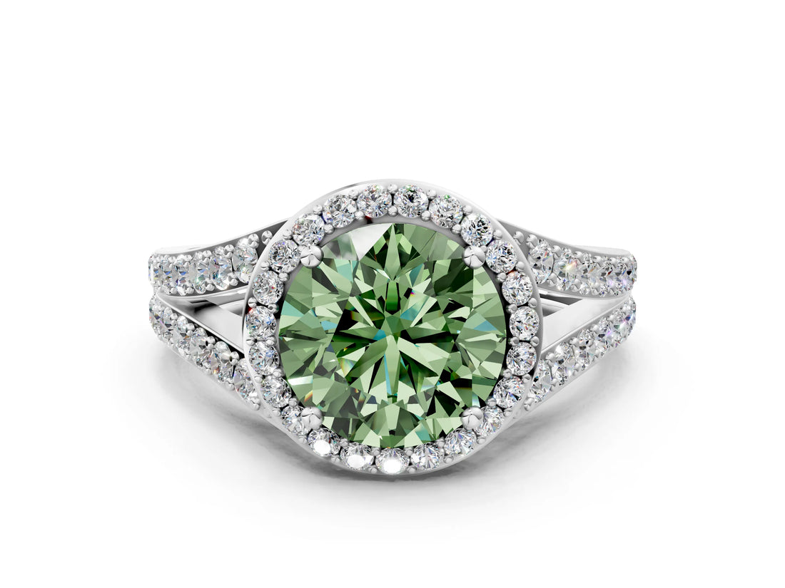 White gold Fancy Green Round Cut Diamond Split Shank Halo Ring with Four-Prong Setting_69