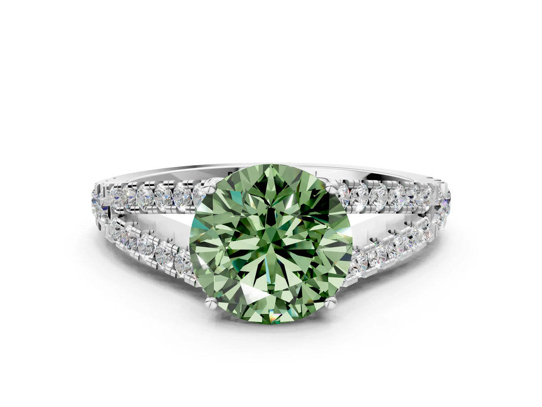 White gold Fancy Green Round Cut Diamond Split Shank Pavé Engagement Ring with Four-Prong Setting_87