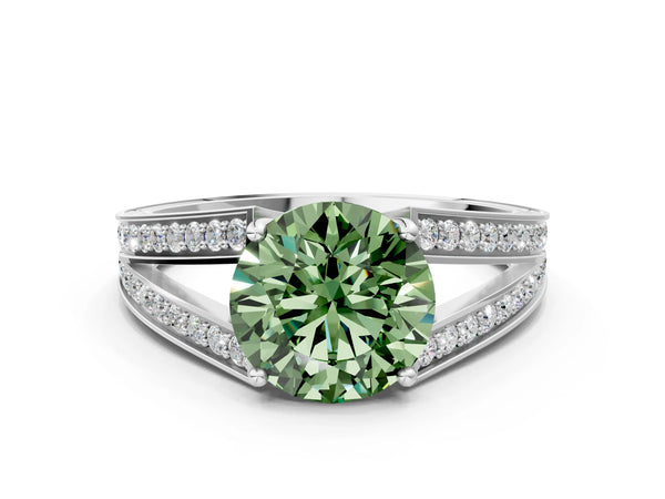 Platinum Round Pave Split Shank Engagement Ring Setting for Fancy Green Center with Engraved Sides