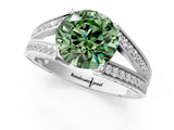 White gold Fancy Green Round Cut Diamond Split Shank Ring with Pavé Band and Four-Prong Setting_101
