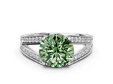 White gold Fancy Green Round Cut Diamond Split Shank Ring with Pavé Band and Four-Prong Setting_77
