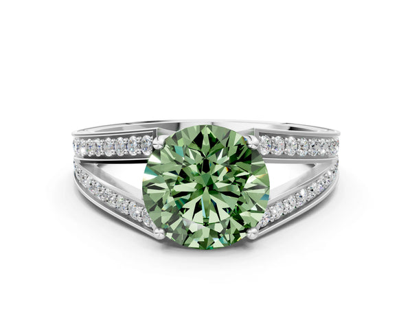 Platinum Round Pave Split Shank Engagement Ring Setting for Fancy Green Center with Engraved Sides
