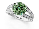 White gold Fancy Green Round Cut Diamond Split Shank Ring with Pavé Band and Four-Prong Setting_89