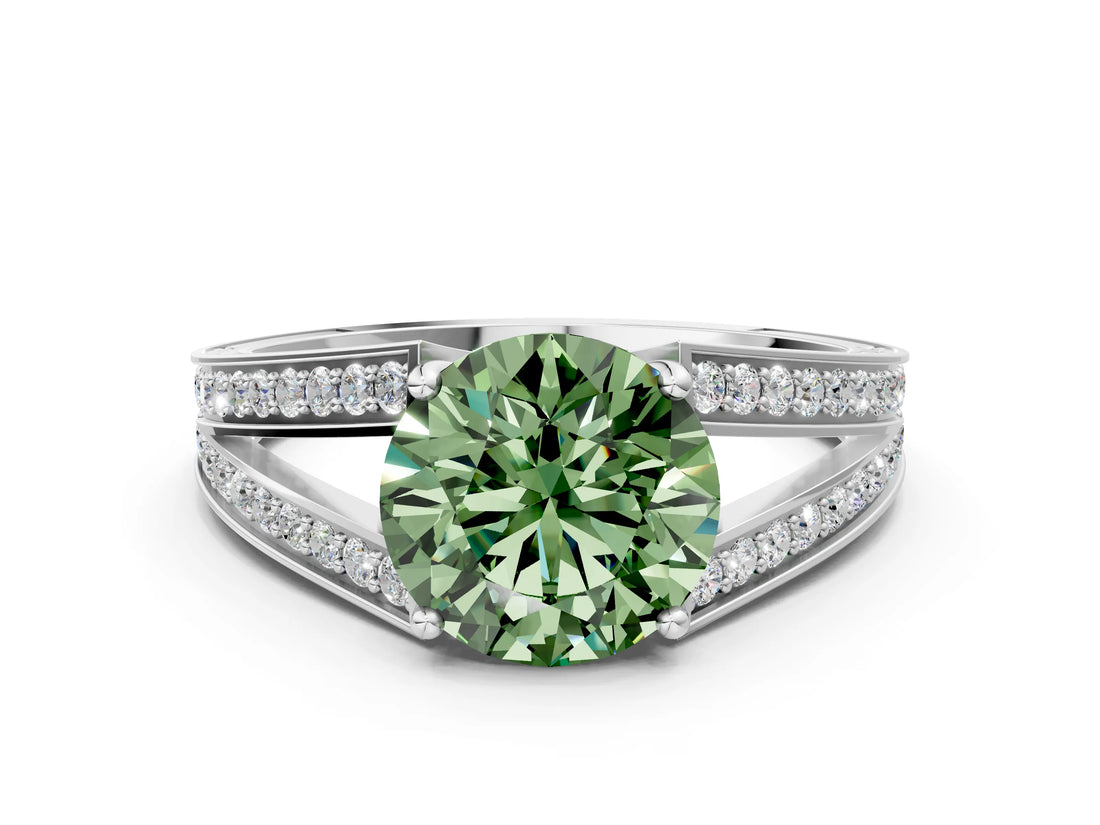 White gold Fancy Green Round Cut Diamond Split Shank Ring with Pavé Band and Four-Prong Setting_89