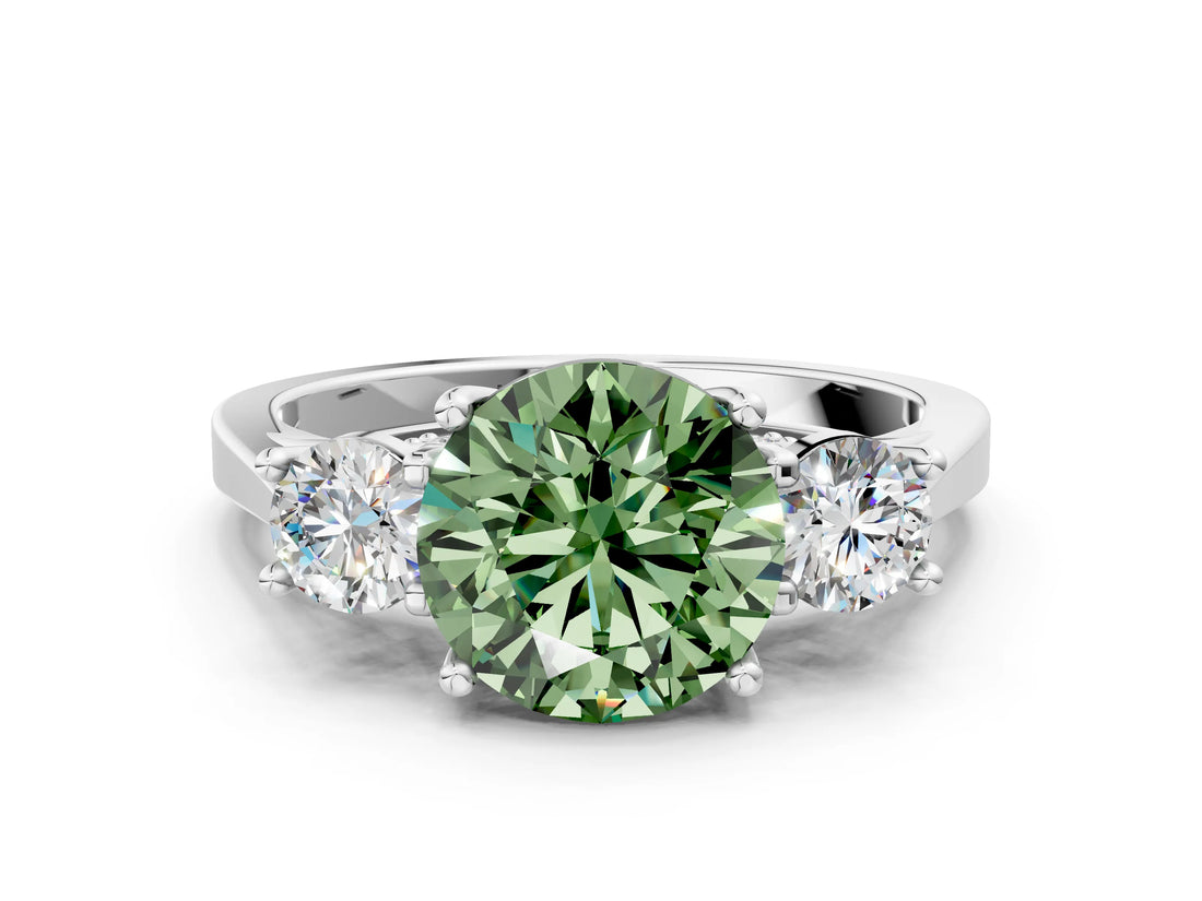 White gold Fancy Green Round Cut Diamond Three-Stone Engagement Ring with Prong Setting and Pavé Band