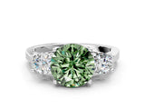 White gold Fancy Green Round Cut Diamond Three-Stone Engagement Ring with Prong Setting and Pavé Band