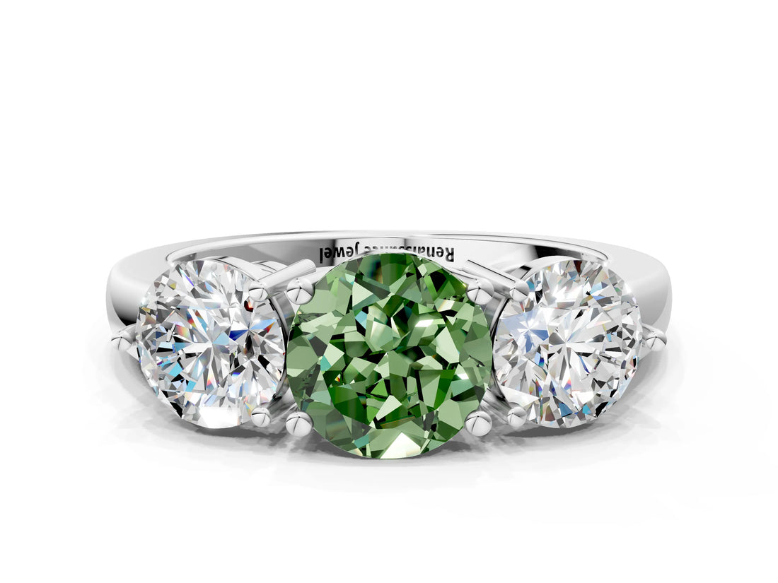 White gold Fancy Green Round Cut Diamond Three-Stone Ring with Prong Setting and Classic Band_123