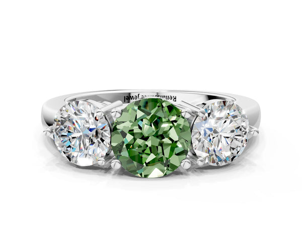 Platinum Fancy Green Round Cut Diamond Three-Stone Ring with Prong Setting and Classic Band