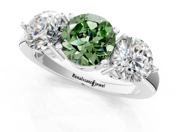 Platinum Fancy Green Round Cut Diamond Three-Stone Ring with Prong Setting and Classic Band