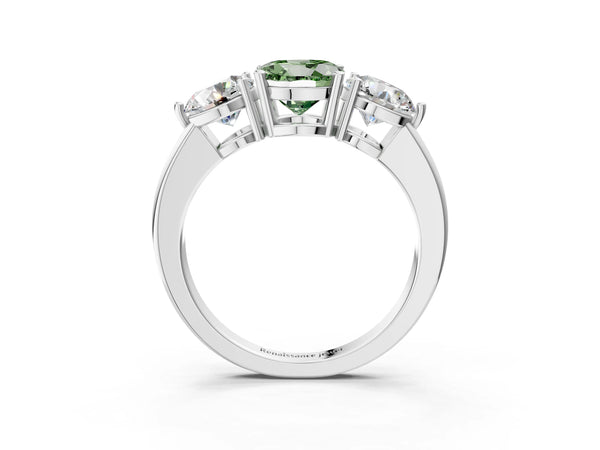 Platinum Fancy Green Round Cut Diamond Three-Stone Ring with Prong Setting and Classic Band