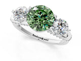 White gold Fancy Green Round Cut Diamond Three-Stone Ring with Prong Setting and Pavé Band_1