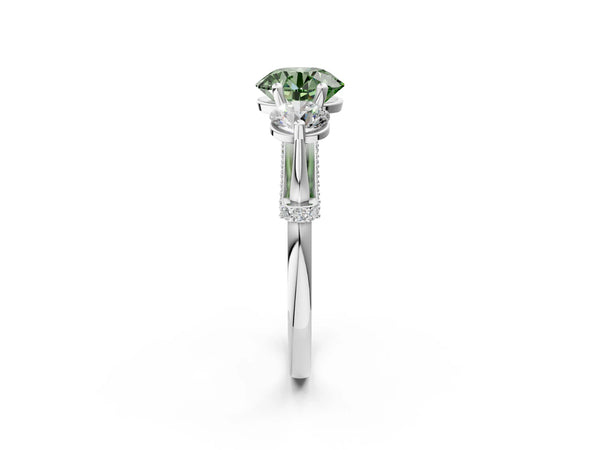 White Gold Round Curved Pave Three Stone Engagement Ring Setting for Fancy Green Center
