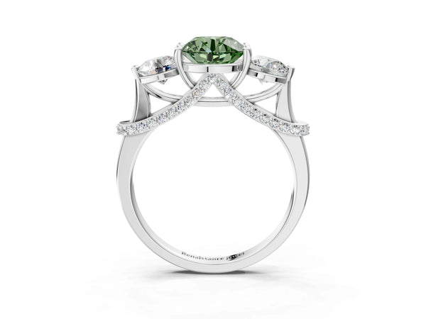 White Gold Round Curved Pave Three Stone Engagement Ring Setting for Fancy Green Center