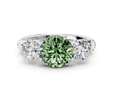 White gold Fancy Green Round Cut Diamond Three-Stone Ring with Prong Setting and Pavé Band
