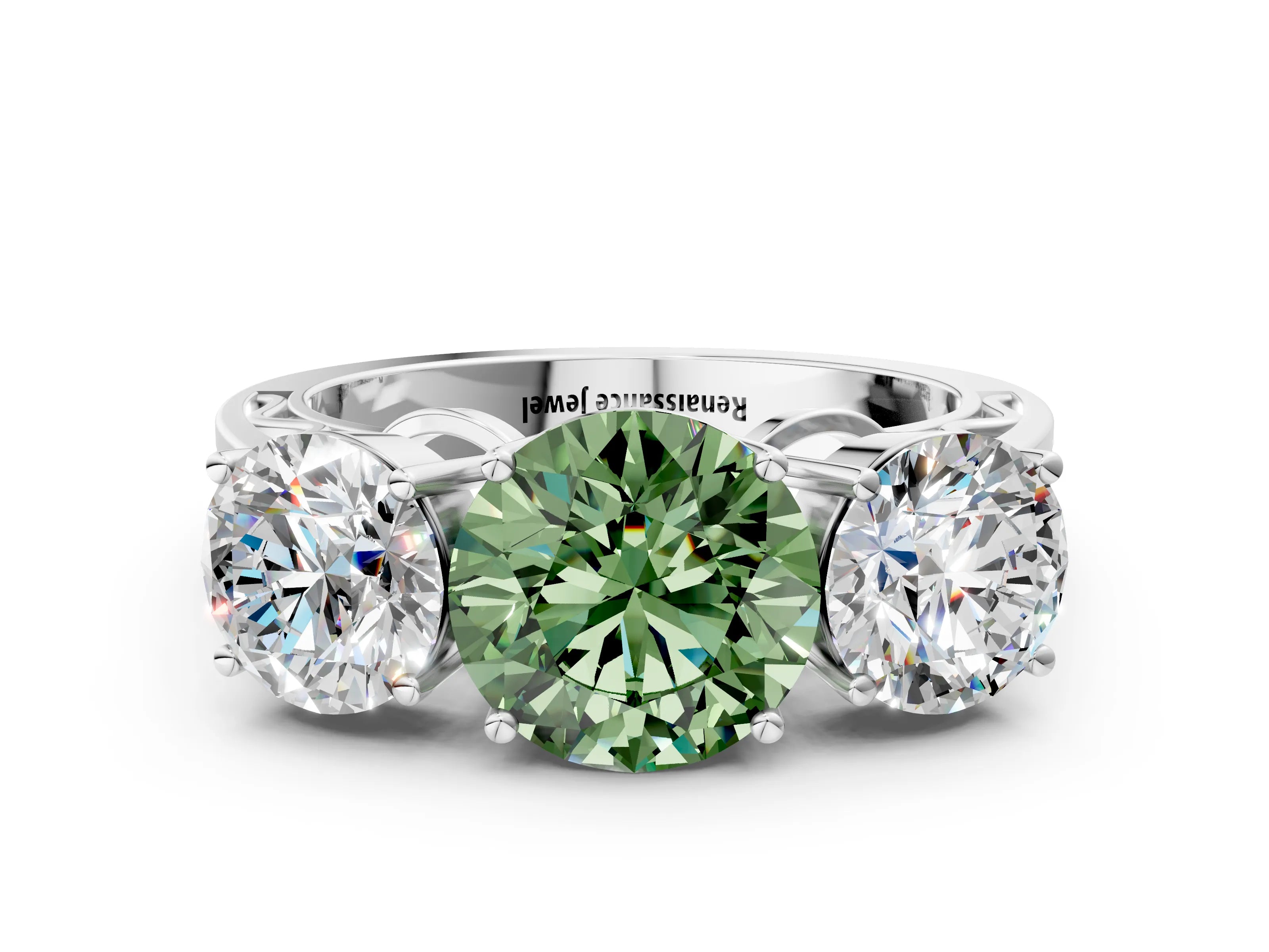 White gold Fancy Green Round Cut Diamond Three-Stone Ring with Prong Setting and Textured Band_12