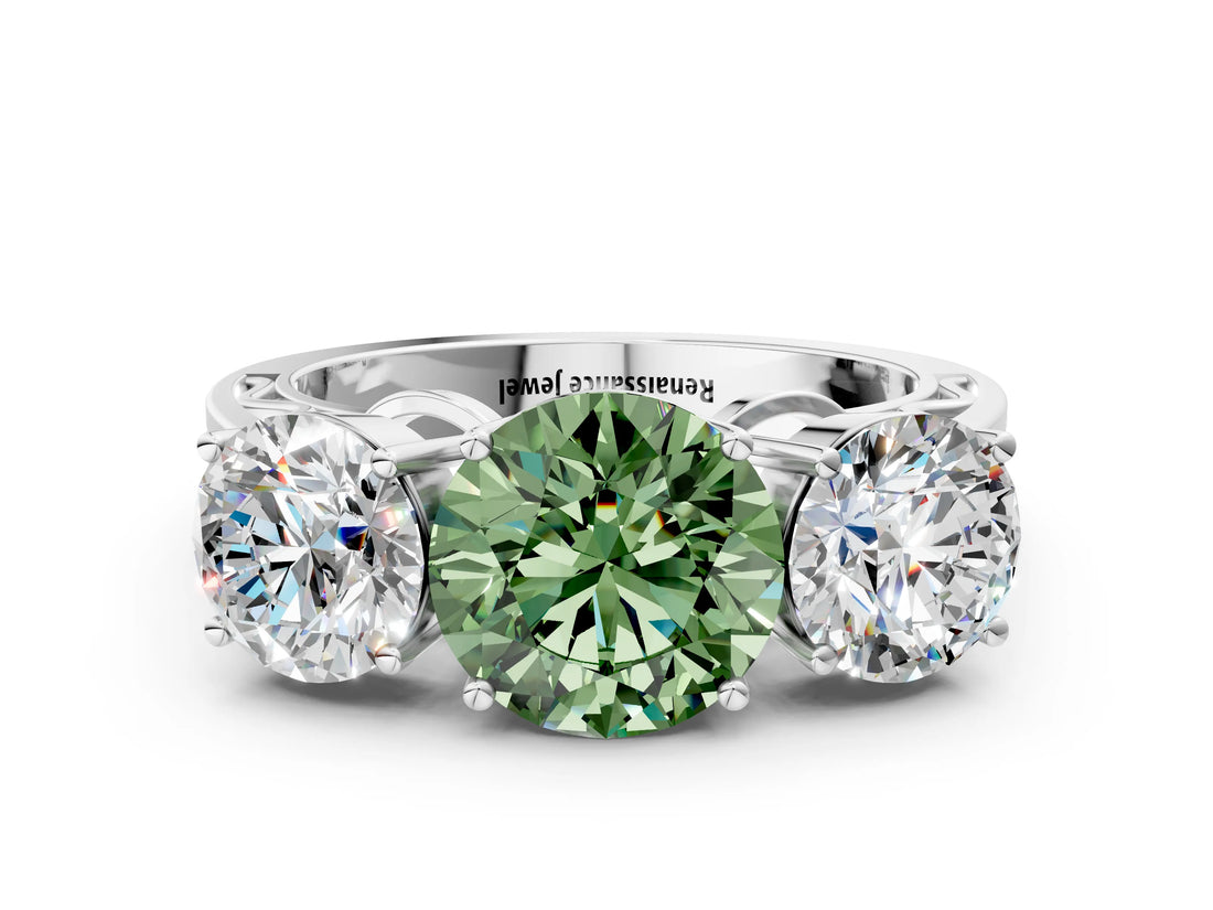White gold Fancy Green Round Cut Diamond Three-Stone Ring with Prong Setting and Textured Band_12