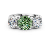 White gold Fancy Green Round Cut Diamond Three-Stone Ring with Prong Setting and Textured Band_12