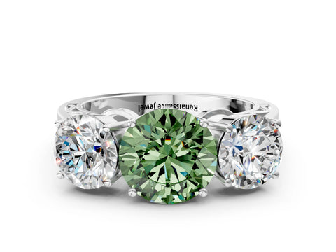 White gold Fancy Green Round Cut Diamond Three-Stone Ring with Prong Setting and Textured Band_12