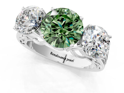 White gold Fancy Green Round Cut Diamond Three-Stone Ring with Prong Setting and Textured Band_13