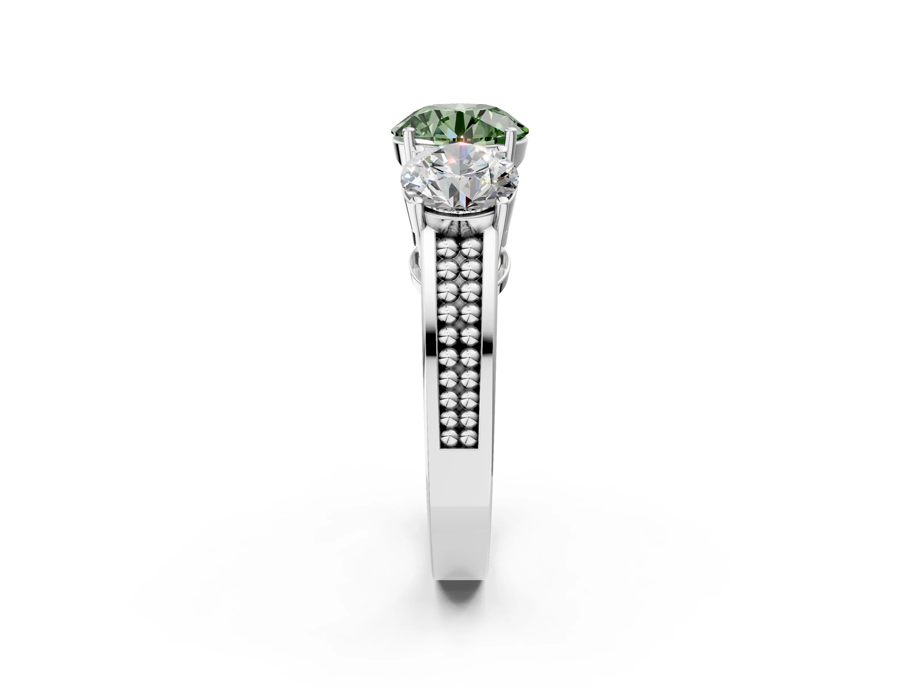 White gold Fancy Green Round Cut Diamond Three-Stone Ring with Prong Setting and Textured Band_14