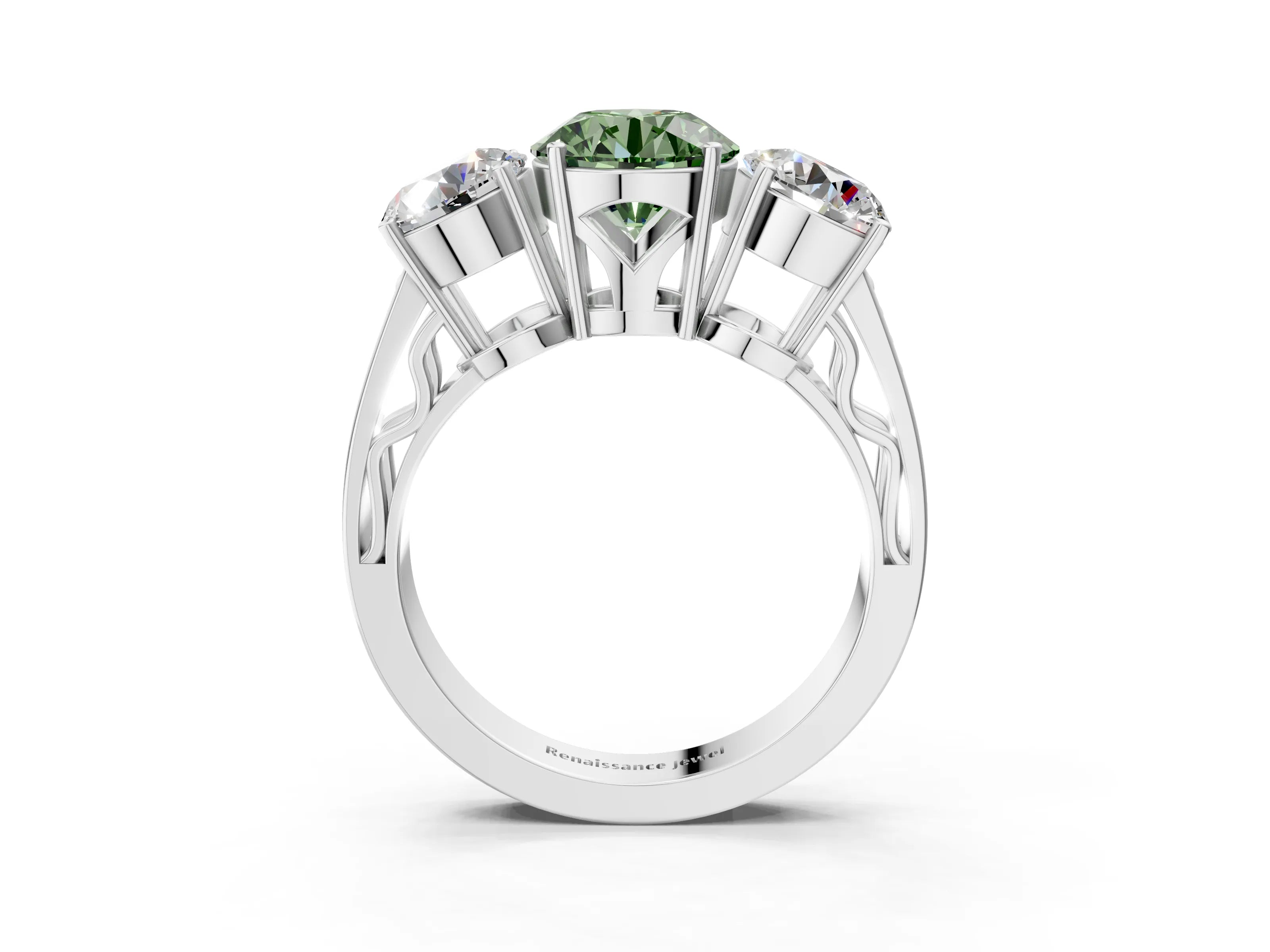 White gold Fancy Green Round Cut Diamond Three-Stone Ring with Prong Setting and Textured Band_15