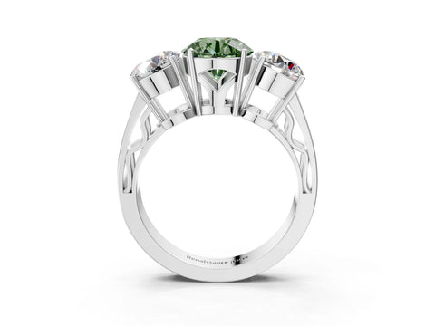 White gold Fancy Green Round Cut Diamond Three-Stone Ring with Prong Setting and Textured Band_15