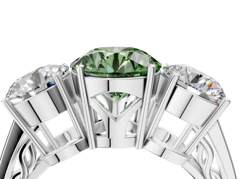 White gold Fancy Green Round Cut Diamond Three-Stone Ring with Prong Setting and Textured Band_16