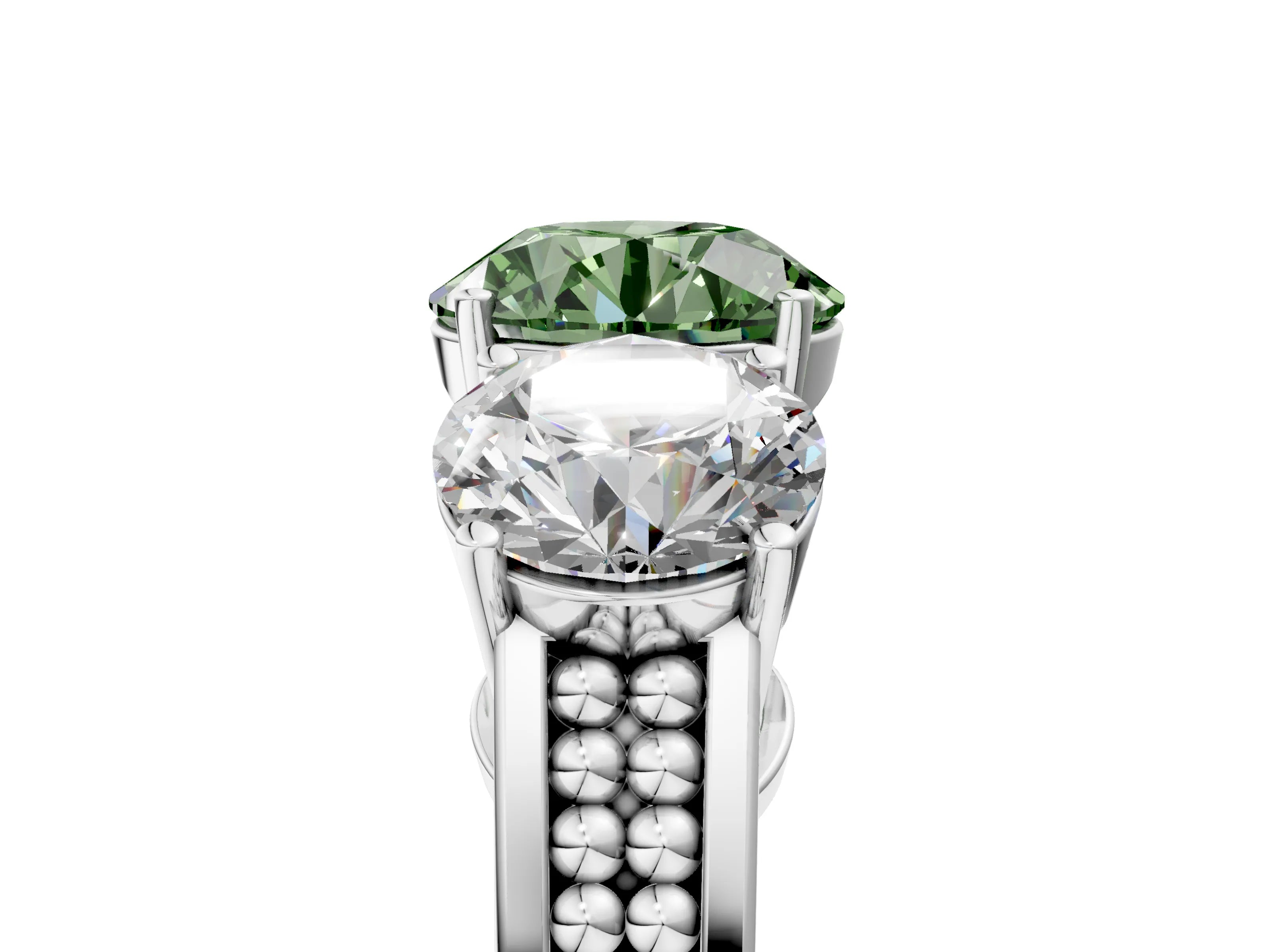 White gold Fancy Green Round Cut Diamond Three-Stone Ring with Prong Setting and Textured Band_17