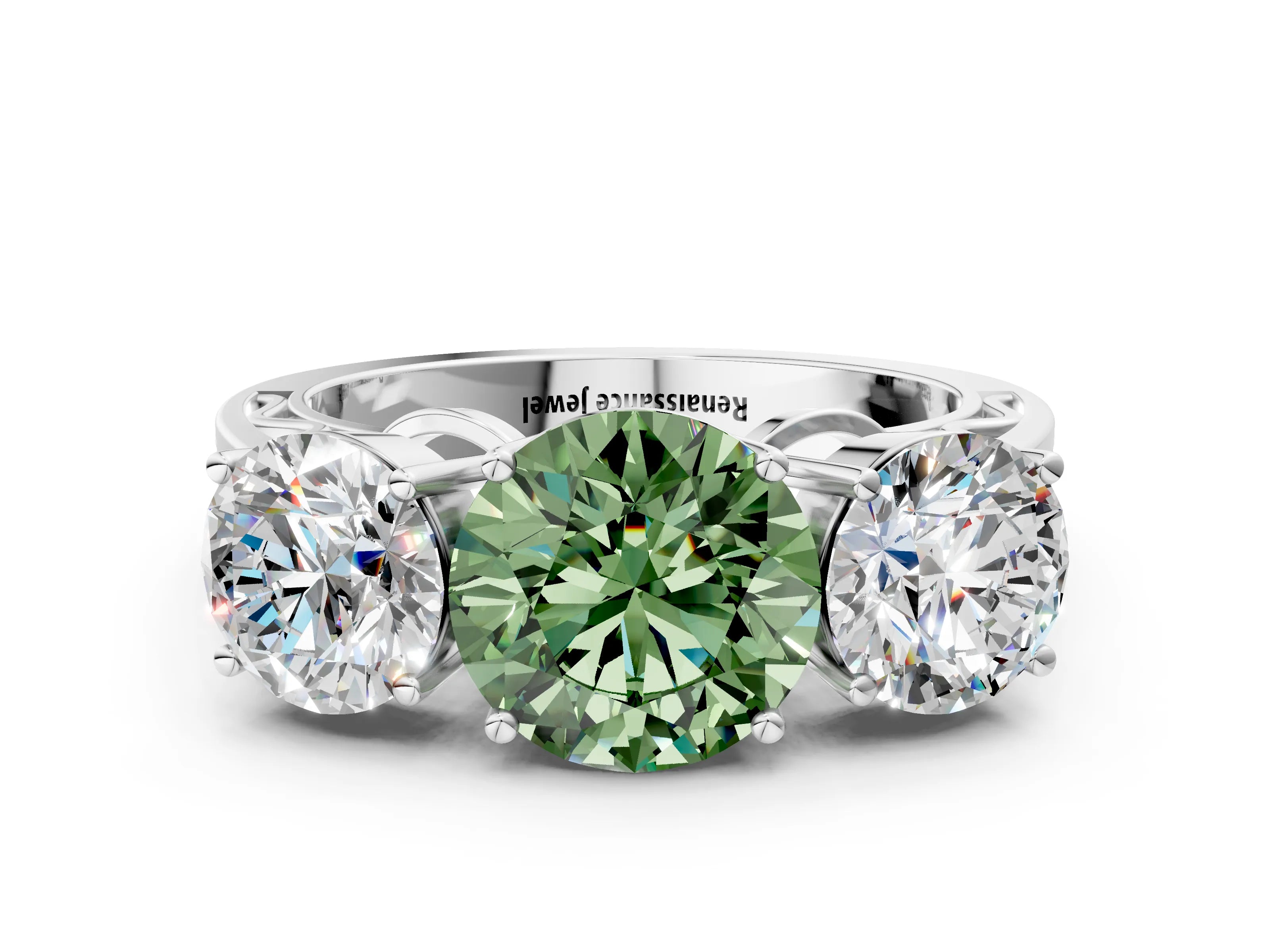 White gold Fancy Green Round Cut Diamond Three-Stone Ring with Prong Setting and Textured Band